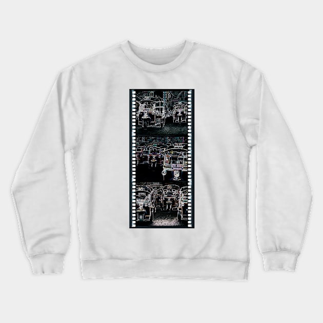 Tuk Tuks At Night In Thailand - Abstract Triptych Illustration With Film Strip Framing Crewneck Sweatshirt by VintCam